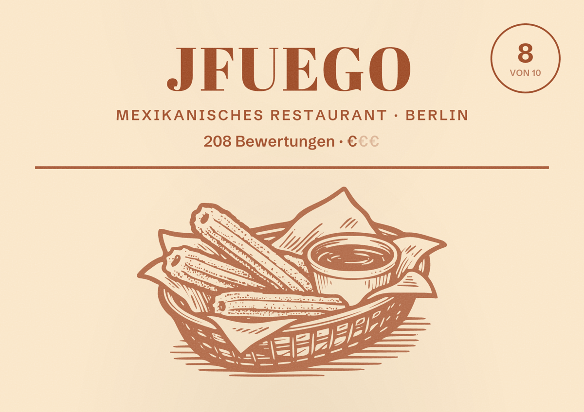 Illustriertes Poster von JFuego, Mexikanisches Restaurant in Berlin: Bewertung 8,0 von 10 aus 208 Bewertungen, Preisniveau €
