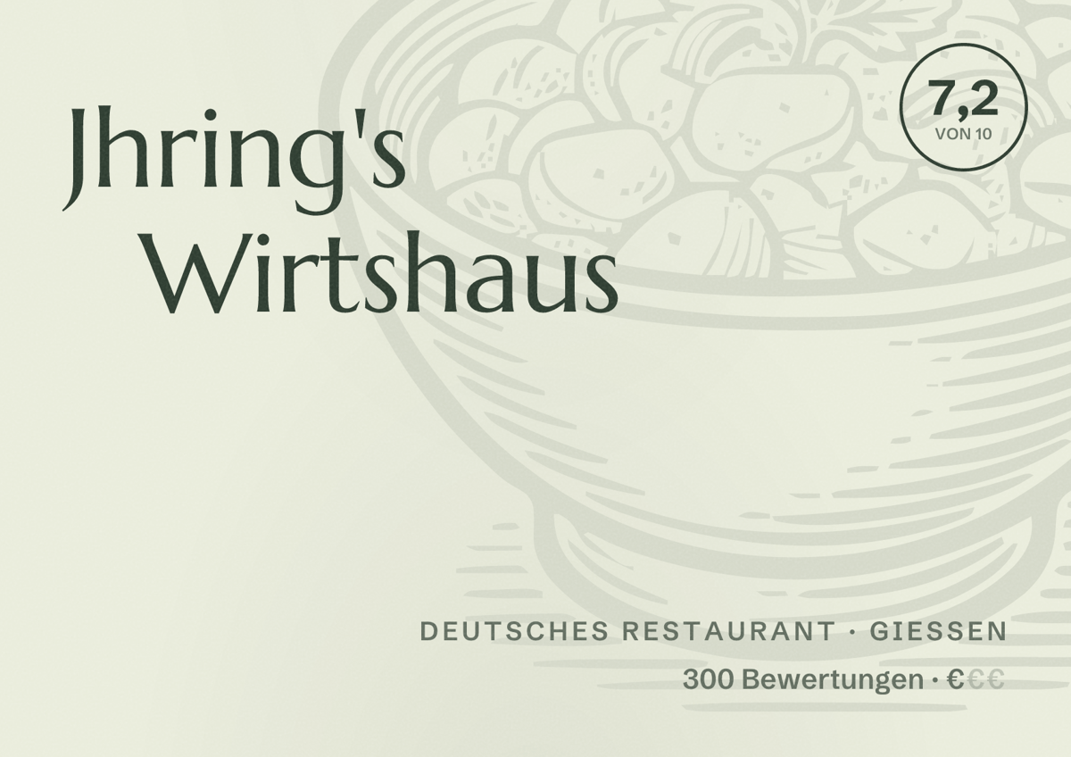 Illustriertes Poster von Jhring's Wirtshaus, Deutsches Restaurant in Gießen: Bewertung 7,2 von 10 aus 300 Bewertungen, Preisniveau €