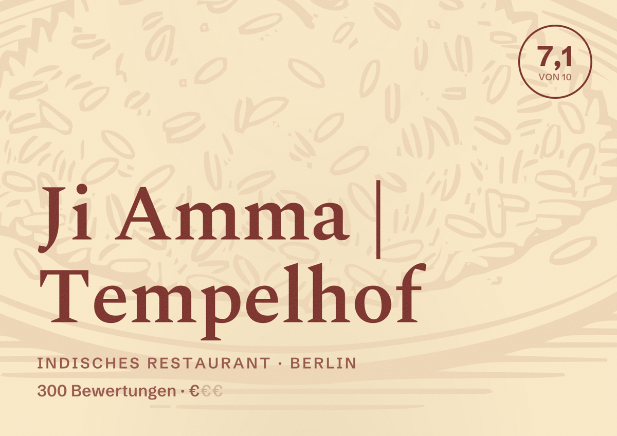 Illustriertes Poster von Ji Amma | Tempelhof, Indisches Restaurant in Berlin: Bewertung 7,1 von 10 aus 300 Bewertungen, Preisniveau €