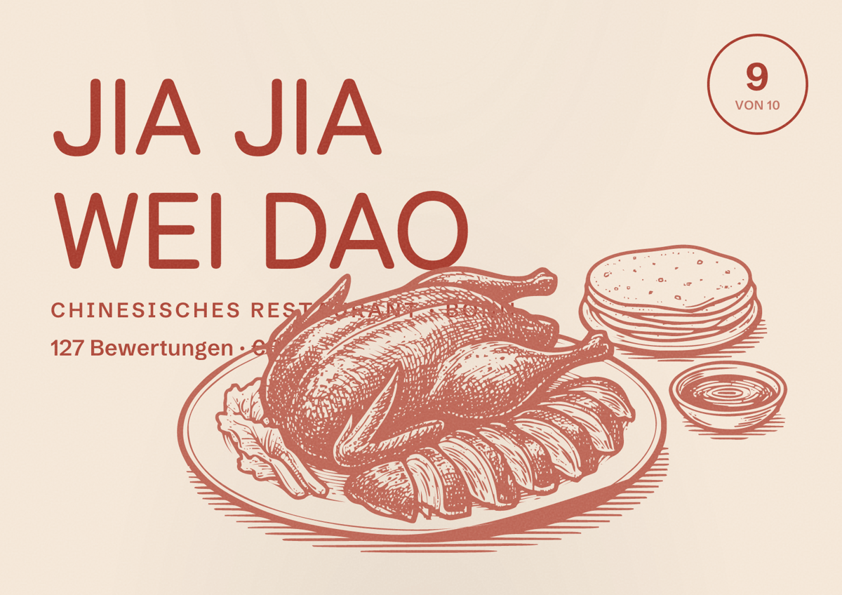 Illustriertes Poster von JIA JIA WEI DAO, Chinesisches Restaurant in Bonn: Bewertung 9 von 10 aus 127 Bewertungen, Preisniveau €€