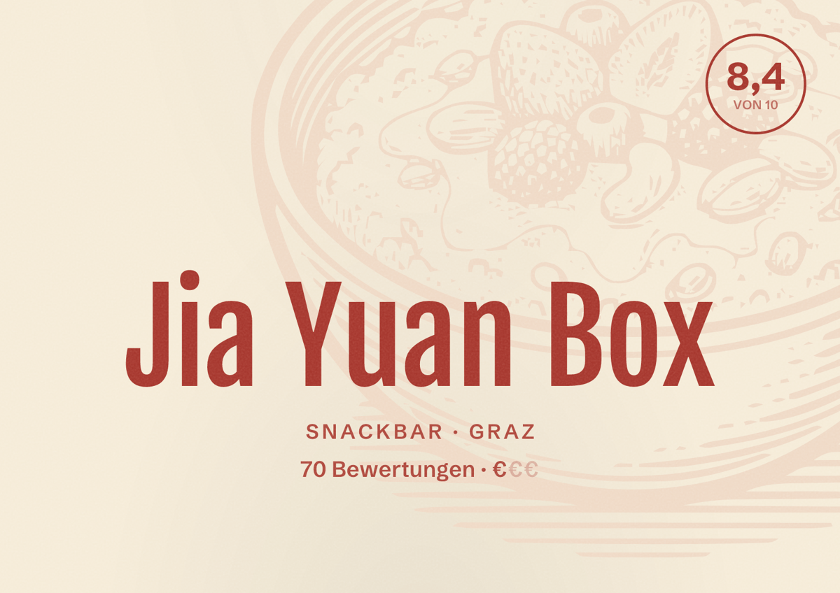 Illustriertes Poster von Jia Yuan Box, Snackbar in Graz: Bewertung 8,4 von 10 aus 70 Bewertungen, Preisniveau €