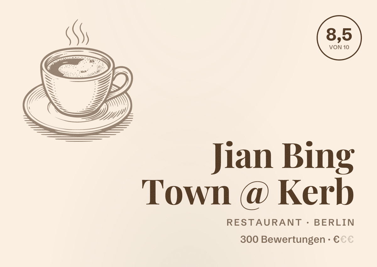 Illustriertes Poster von Jian Bing Town @ Kerb, Restaurant in Berlin: Bewertung 8,5 von 10 aus 300 Bewertungen, Preisniveau €