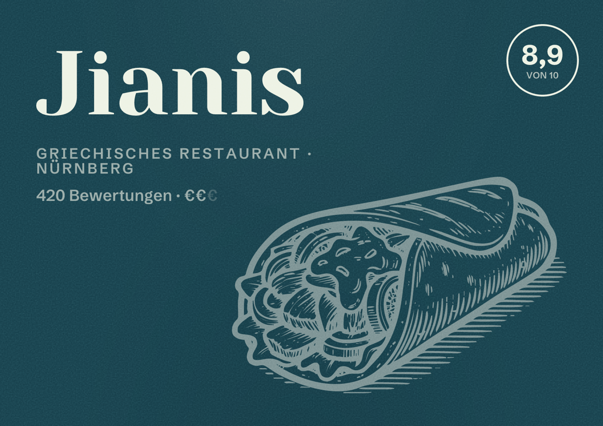 Illustriertes Poster von Jianis, Griechisches Restaurant in Nürnberg: Bewertung 8,9 von 10 aus 420 Bewertungen, Preisniveau €€