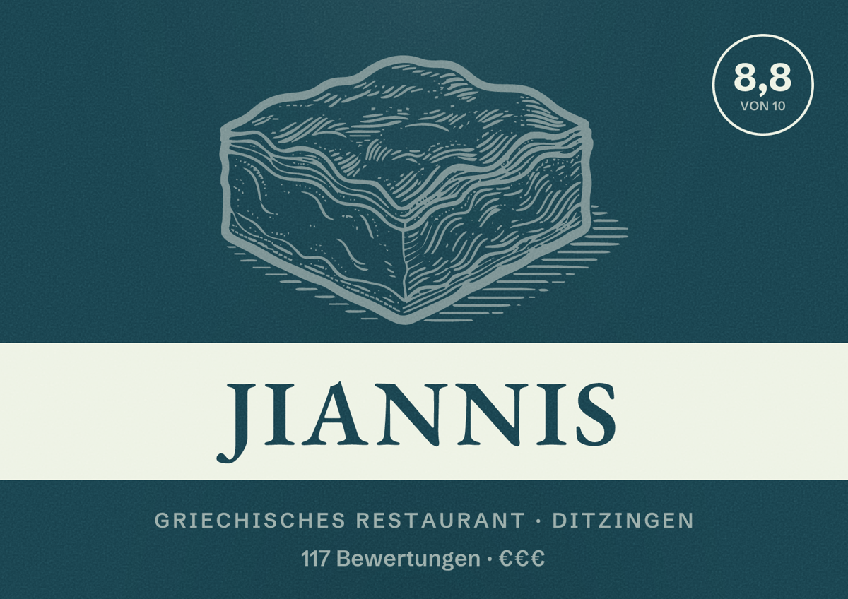 Illustriertes Poster von Jiannis, Griechisches Restaurant in Ditzingen: Bewertung 8,8 von 10 aus 117 Bewertungen, Preisniveau €€€