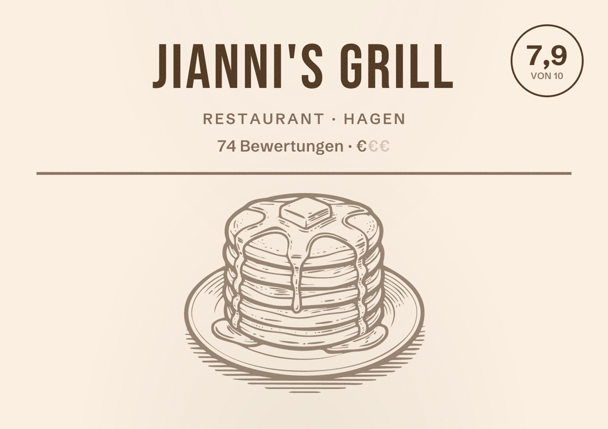 Illustriertes Poster von Jianni's Grill, Restaurant in Hagen: Bewertung 7,9 von 10 aus 74 Bewertungen, Preisniveau €