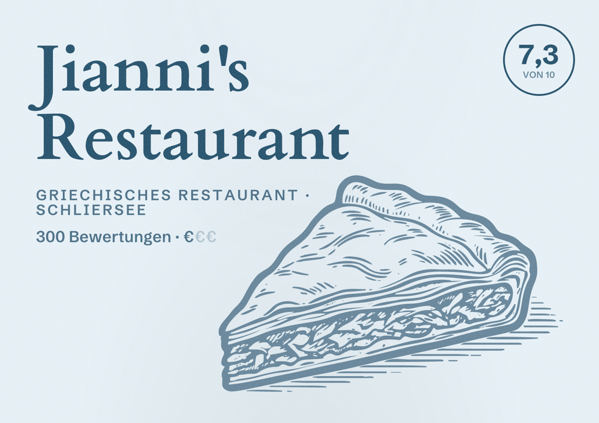 Illustriertes Poster von Jianni's Restaurant, Griechisches Restaurant in Schliersee: Bewertung 7,3 von 10 aus 300 Bewertungen, Preisniveau €