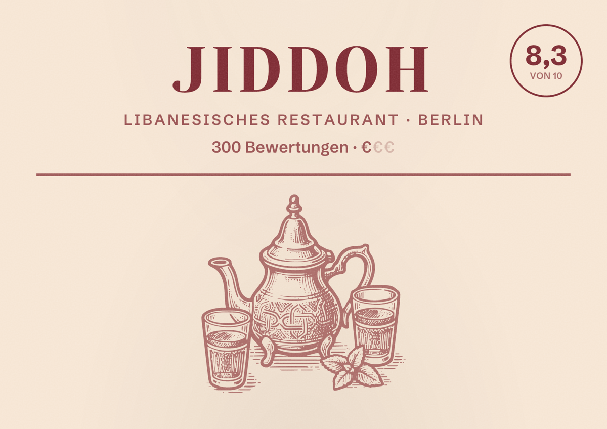 Illustriertes Poster von Jiddoh, Libanesisches Restaurant in Berlin: Bewertung 8,3 von 10 aus 300 Bewertungen, Preisniveau €