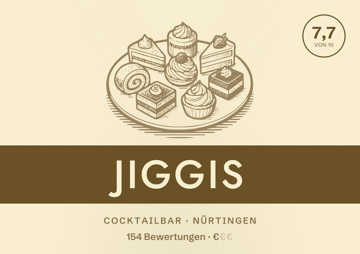 Illustriertes Poster von Jiggis, Cocktailbar in Nürtingen: Bewertung 7,7 von 10 aus 154 Bewertungen, Preisniveau €