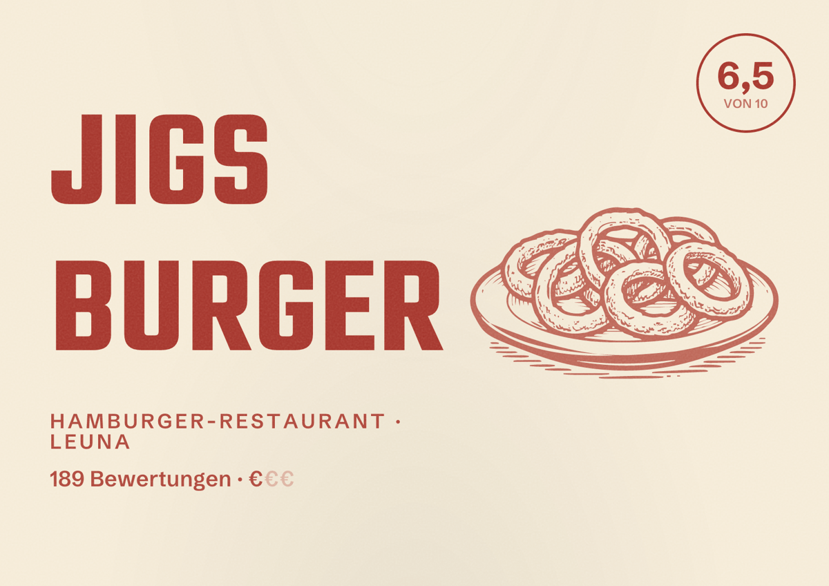 Illustriertes Poster von JiGs Burger, Hamburger-Restaurant in Leuna: Bewertung 6,5 von 10 aus 189 Bewertungen, Preisniveau €