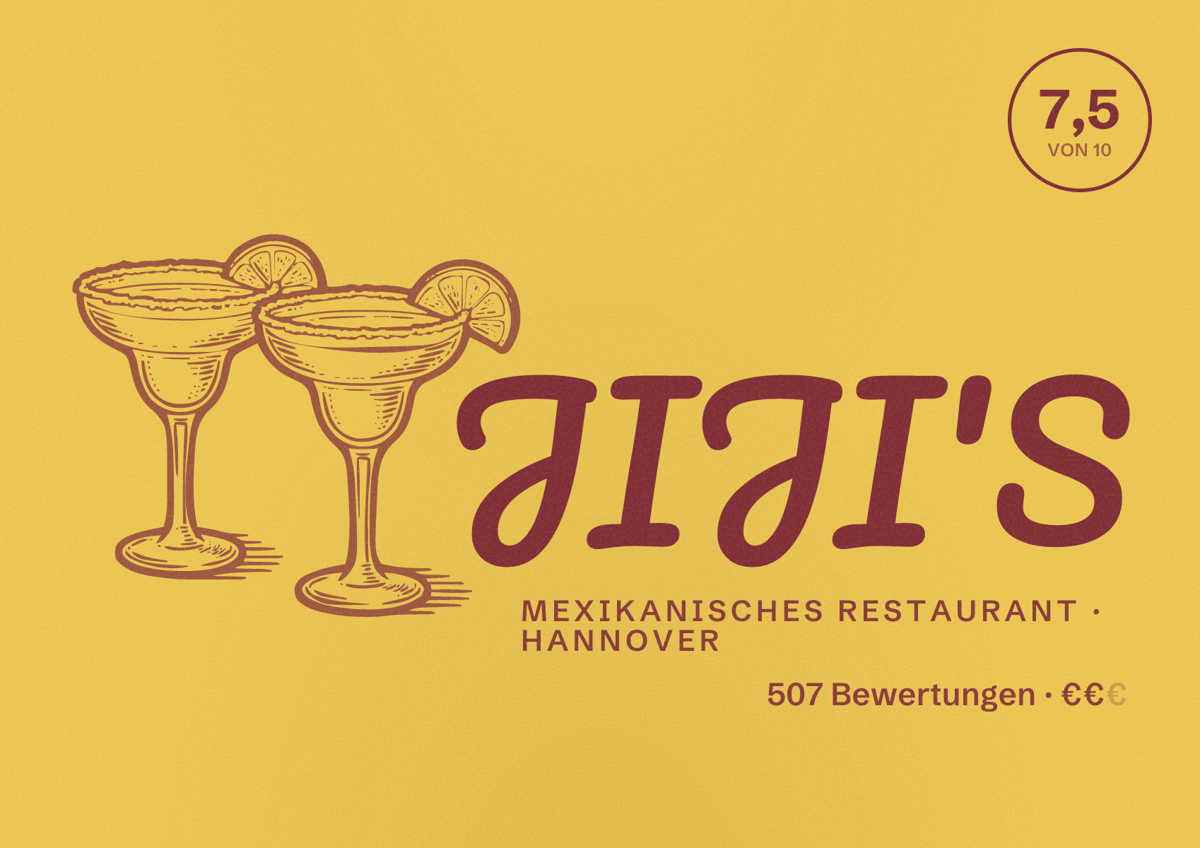 Illustriertes Poster von JIJI'S, Mexikanisches Restaurant in Hannover: Bewertung 7,5 von 10 aus 507 Bewertungen, Preisniveau €€