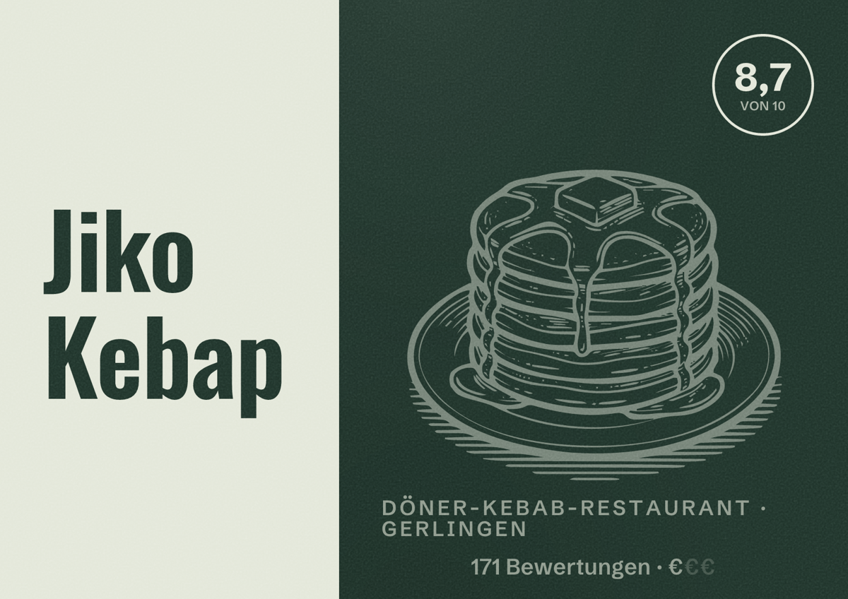 Illustriertes Poster von Jiko Kebap, Döner-Kebab-Restaurant in Gerlingen: Bewertung 8,7 von 10 aus 171 Bewertungen, Preisniveau €