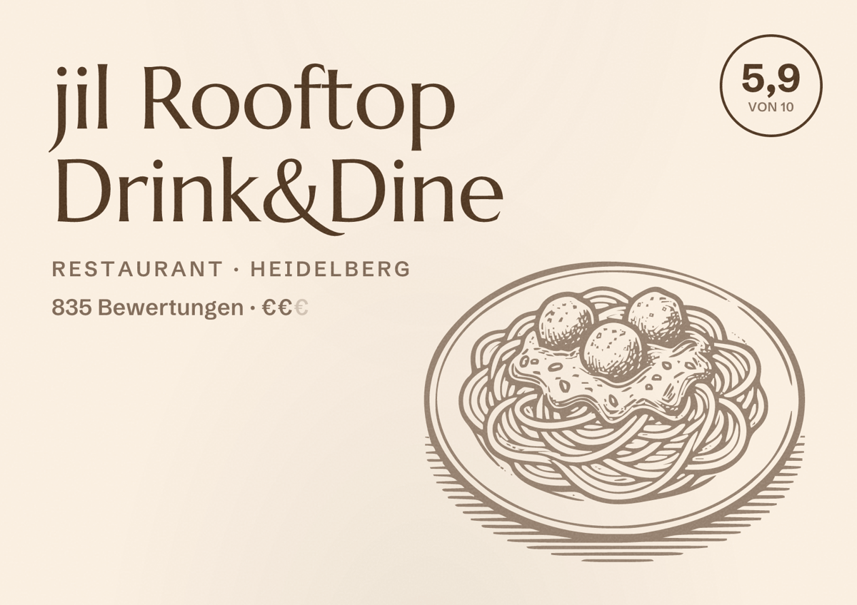 Illustriertes Poster von jil Rooftop Drink&Dine, Restaurant in Heidelberg: Bewertung 5,9 von 10 aus 835 Bewertungen, Preisniveau €€