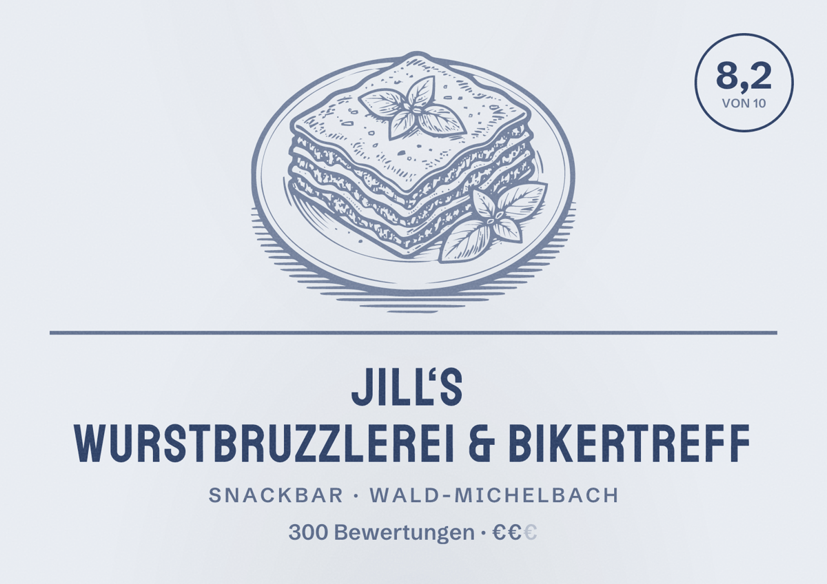 Illustriertes Poster von Jill‘s Wurstbruzzlerei & Bikertreff, Snackbar in Wald-Michelbach: Bewertung 8,2 von 10 aus 300 Bewertungen, Preisniveau €€