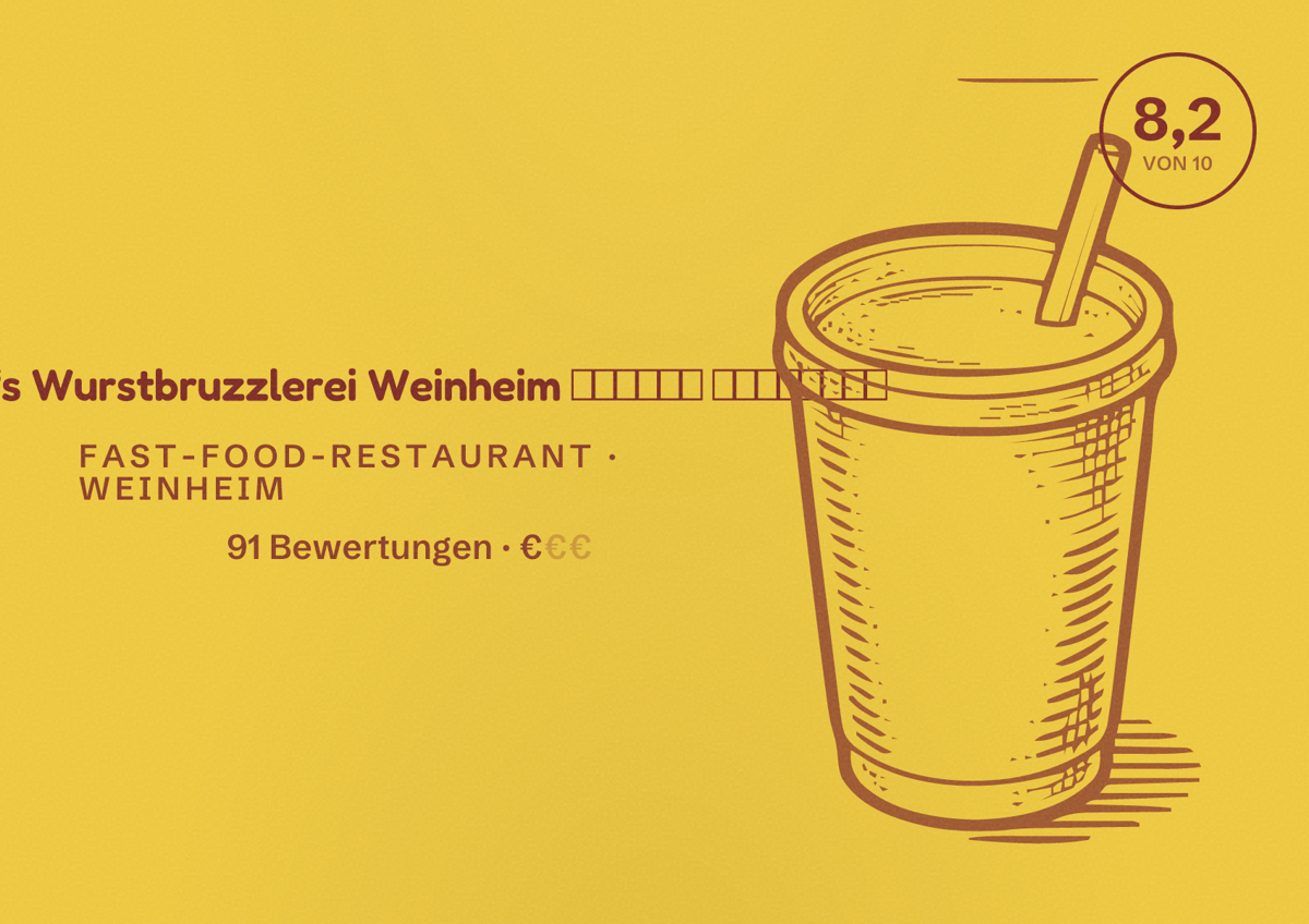 Illustriertes Poster von Jill‘s Wurstbruzzlerei Weinheim 𝙂𝙇𝙊𝘽𝙐𝙎 𝘽𝘼𝙐𝙈𝘼𝙍𝙆𝙏, Fast-Food-Restaurant in Weinheim: Bewertung 8,2 von 10 aus 91 Bewertungen, Preisniveau €