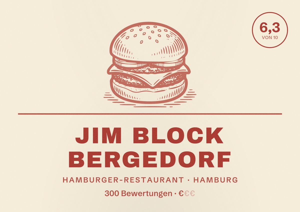 Illustriertes Poster von Jim Block Bergedorf, Hamburger-Restaurant in Hamburg: Bewertung 6,3 von 10 aus 300 Bewertungen, Preisniveau €