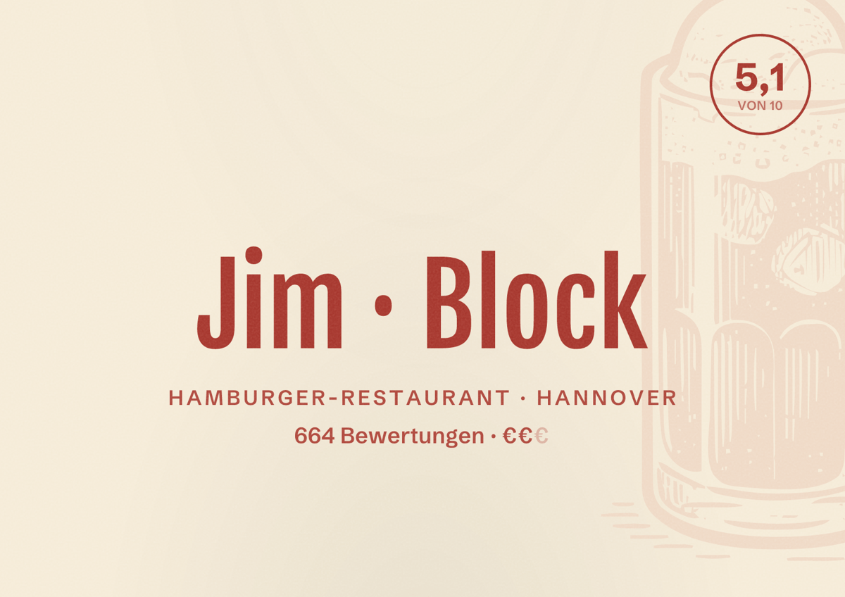 Illustriertes Poster von Jim Block, Hamburger-Restaurant in Hannover: Bewertung 5,1 von 10 aus 664 Bewertungen, Preisniveau €€