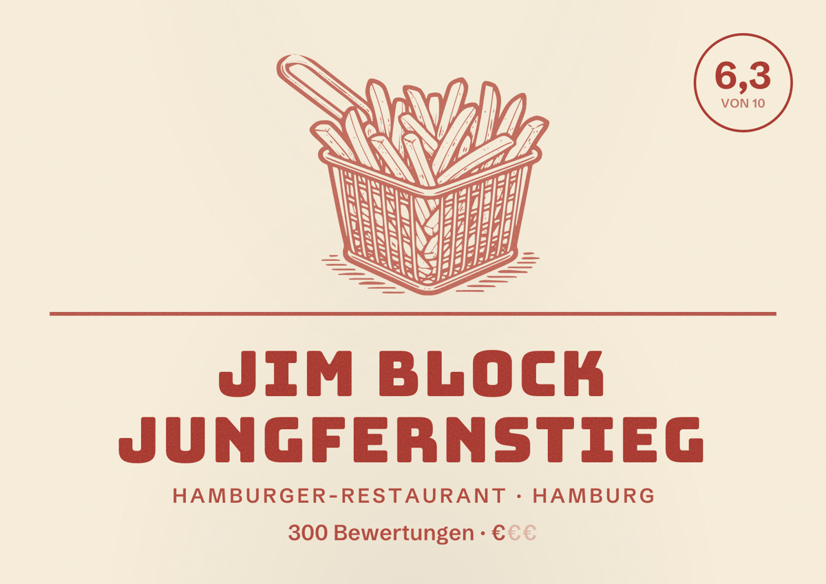 Illustriertes Poster von Jim Block Jungfernstieg, Hamburger-Restaurant in Hamburg: Bewertung 6,3 von 10 aus 300 Bewertungen, Preisniveau €