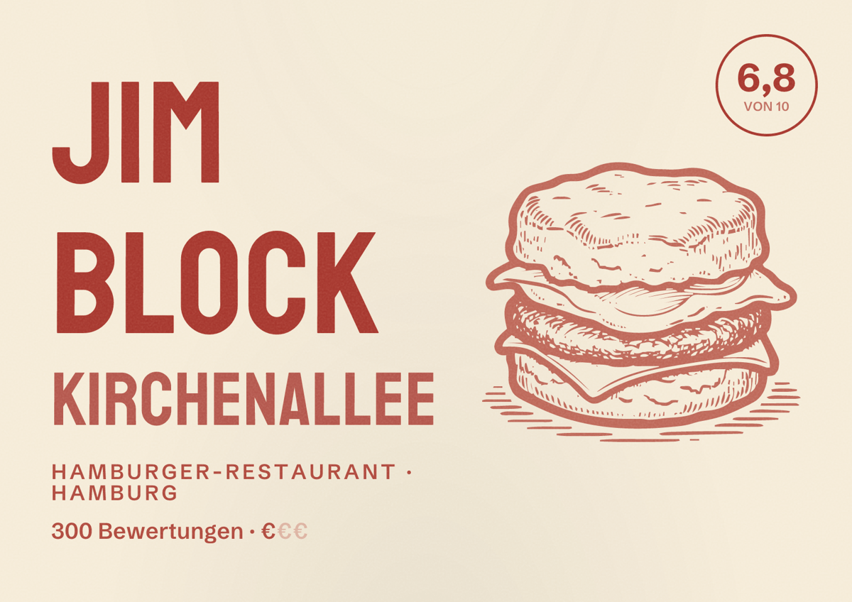 Illustriertes Poster von Jim Block Kirchenallee, Hamburger-Restaurant in Hamburg: Bewertung 6,8 von 10 aus 300 Bewertungen, Preisniveau €