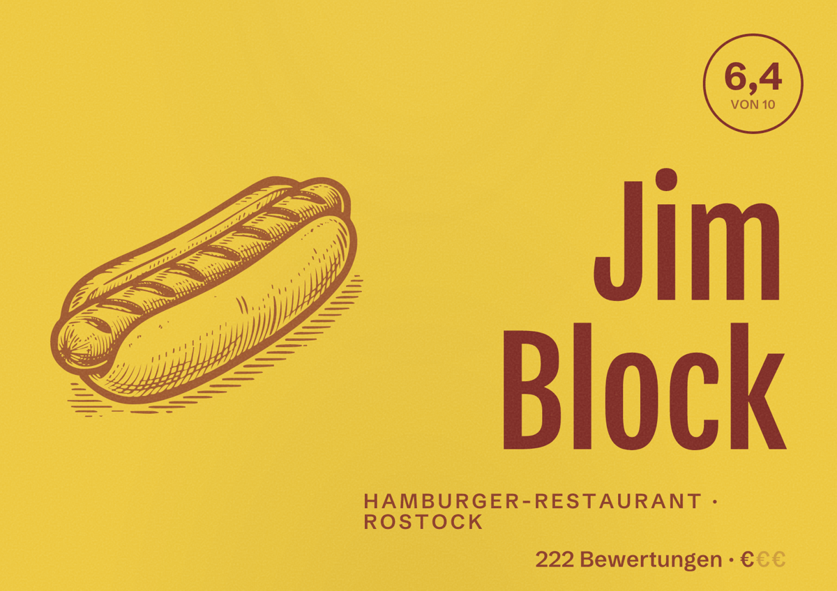 Illustriertes Poster von Jim Block, Hamburger-Restaurant in Rostock: Bewertung 6,4 von 10 aus 222 Bewertungen, Preisniveau €