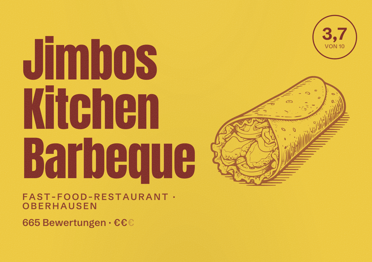 Illustriertes Poster von Jimbos Kitchen Barbeque, Fast-Food-Restaurant in Oberhausen: Gästebewertung 3,7 von 10 aus 665 Bewertungen