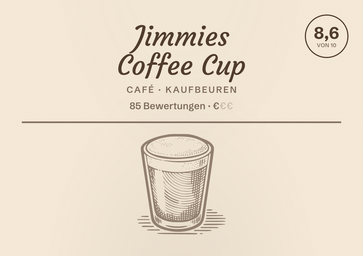 Illustriertes Poster von Jimmies Coffee Cup, Café in Kaufbeuren: Bewertung 8,6 von 10 aus 85 Bewertungen, Preisniveau €