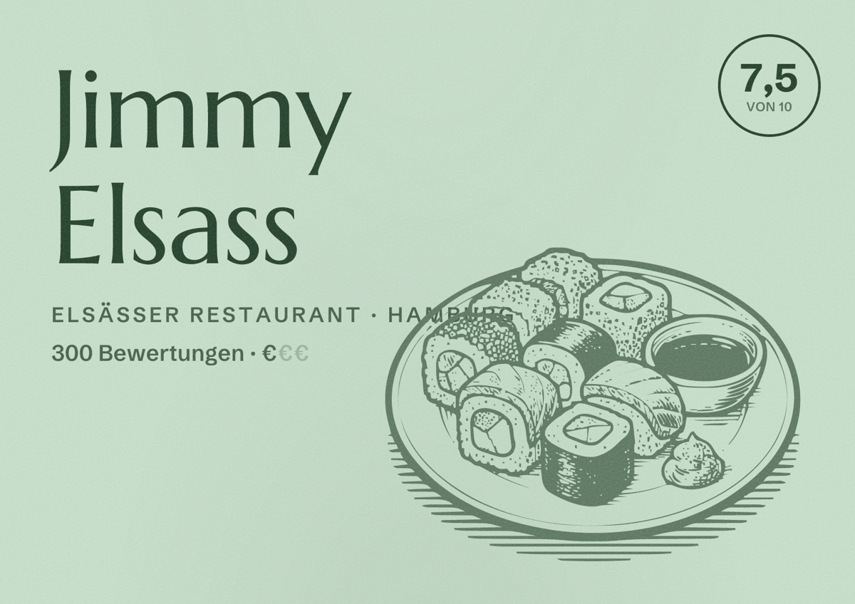 Illustriertes Poster von Jimmy Elsass, Elsässer Restaurant in Hamburg: Bewertung 7,5 von 10 aus 300 Bewertungen, Preisniveau €