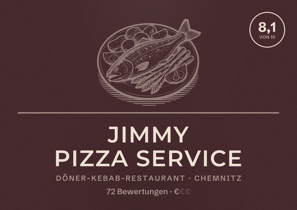 Illustriertes Poster von Jimmy pizza Service, Döner-Kebab-Restaurant in Chemnitz: Bewertung 8,1 von 10 aus 72 Bewertungen, Preisniveau €