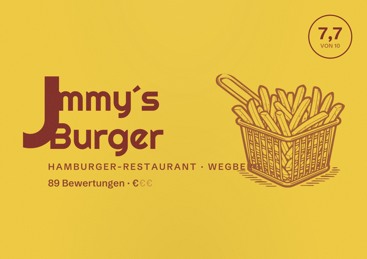 Illustriertes Poster von Jimmy´s Burger, Hamburger-Restaurant in Wegberg: Bewertung 7,7 von 10 aus 89 Bewertungen, Preisniveau €