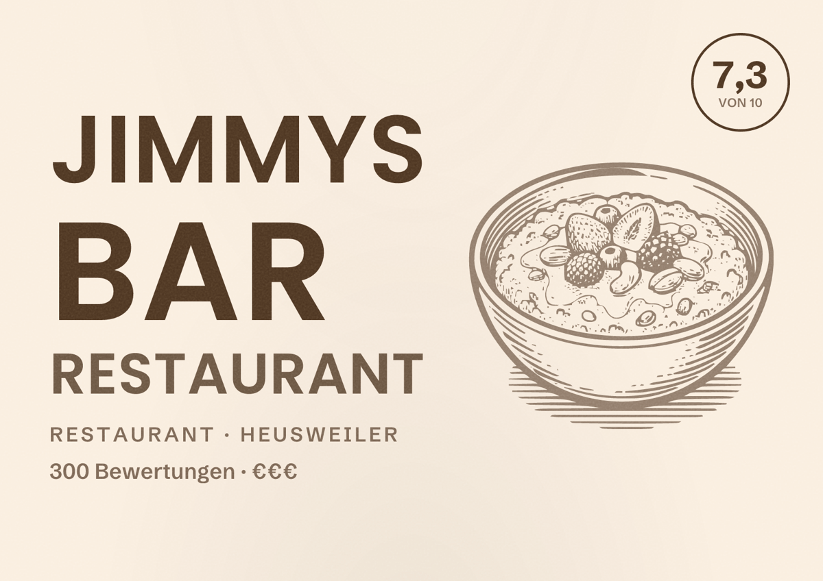 Illustriertes Poster von Jimmys Bar Restaurant, Restaurant in Heusweiler: Bewertung 7,3 von 10 aus 300 Bewertungen, Preisniveau €€€