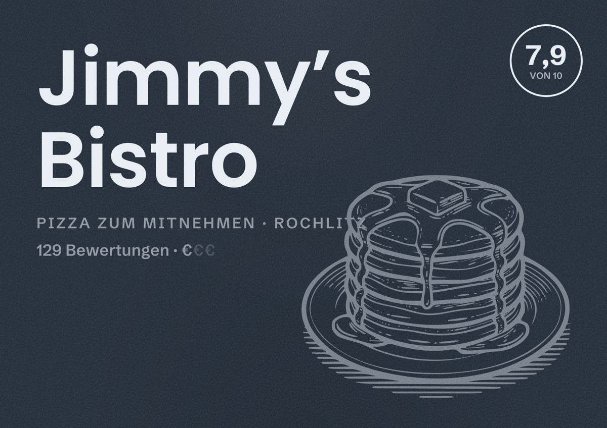 Illustriertes Poster von Jimmy’s Bistro, Pizza zum Mitnehmen in Rochlitz: Bewertung 7,9 von 10 aus 129 Bewertungen, Preisniveau €