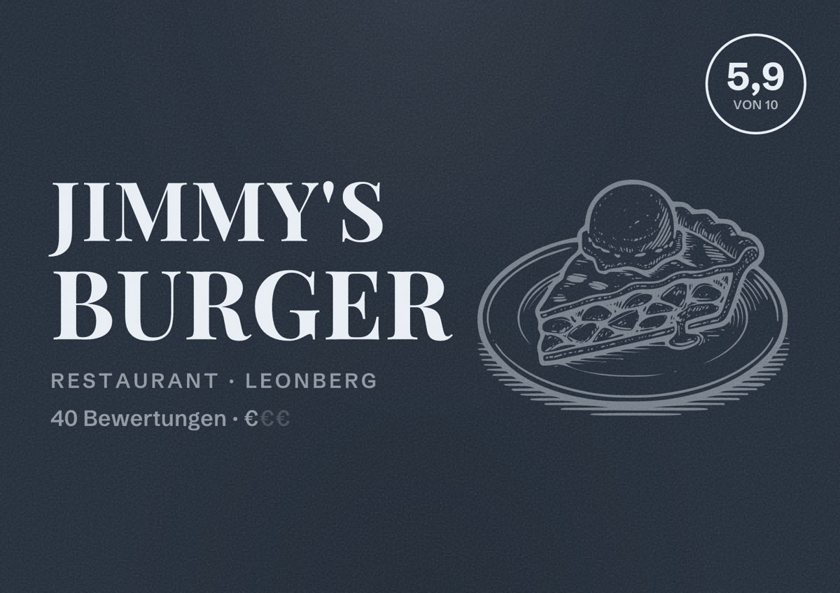 Illustriertes Poster von Jimmy's Burger, Restaurant in Leonberg: Bewertung 5,9 von 10 aus 40 Bewertungen, Preisniveau €