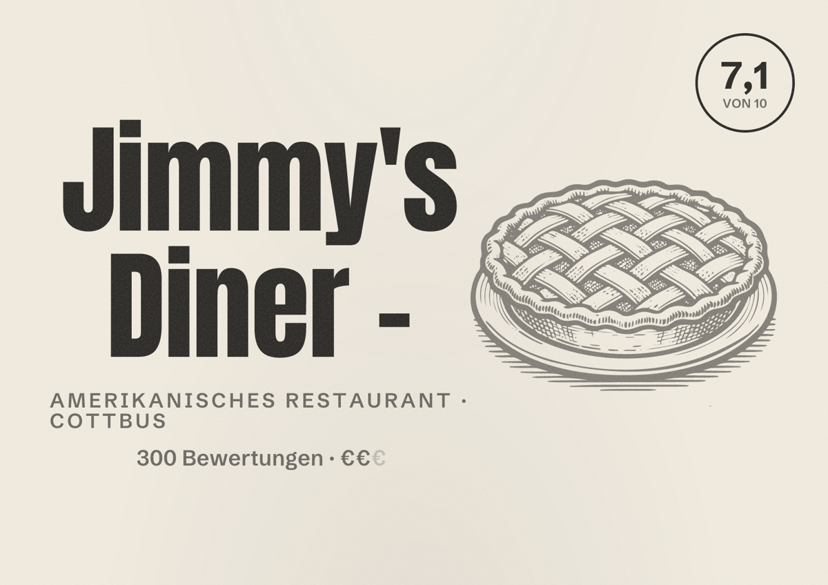 Illustriertes Poster von Jimmy's Diner -, Amerikanisches Restaurant in Cottbus: Bewertung 7,1 von 10 aus 300 Bewertungen, Preisniveau €€