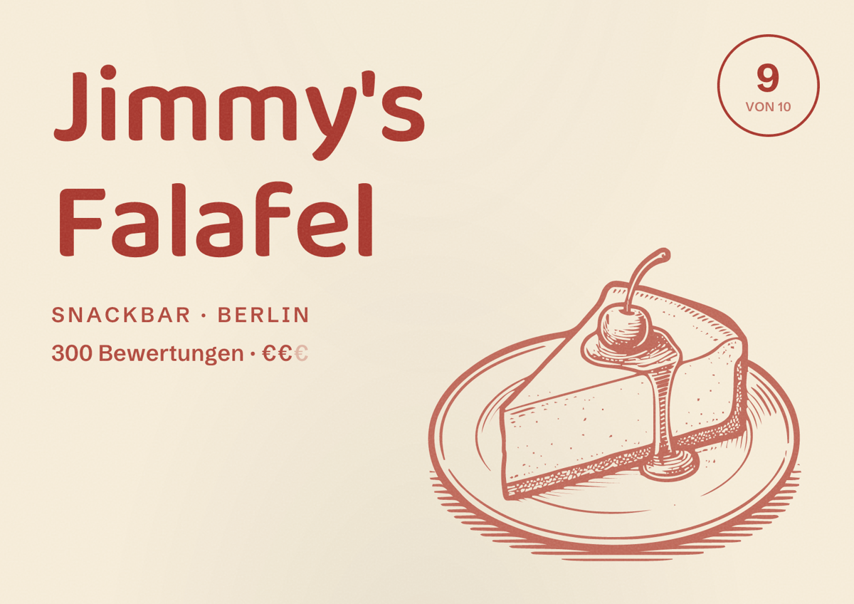 Illustriertes Poster von Jimmy's Falafel, Snackbar in Berlin: Bewertung 9,0 von 10 aus 300 Bewertungen, Preisniveau €€