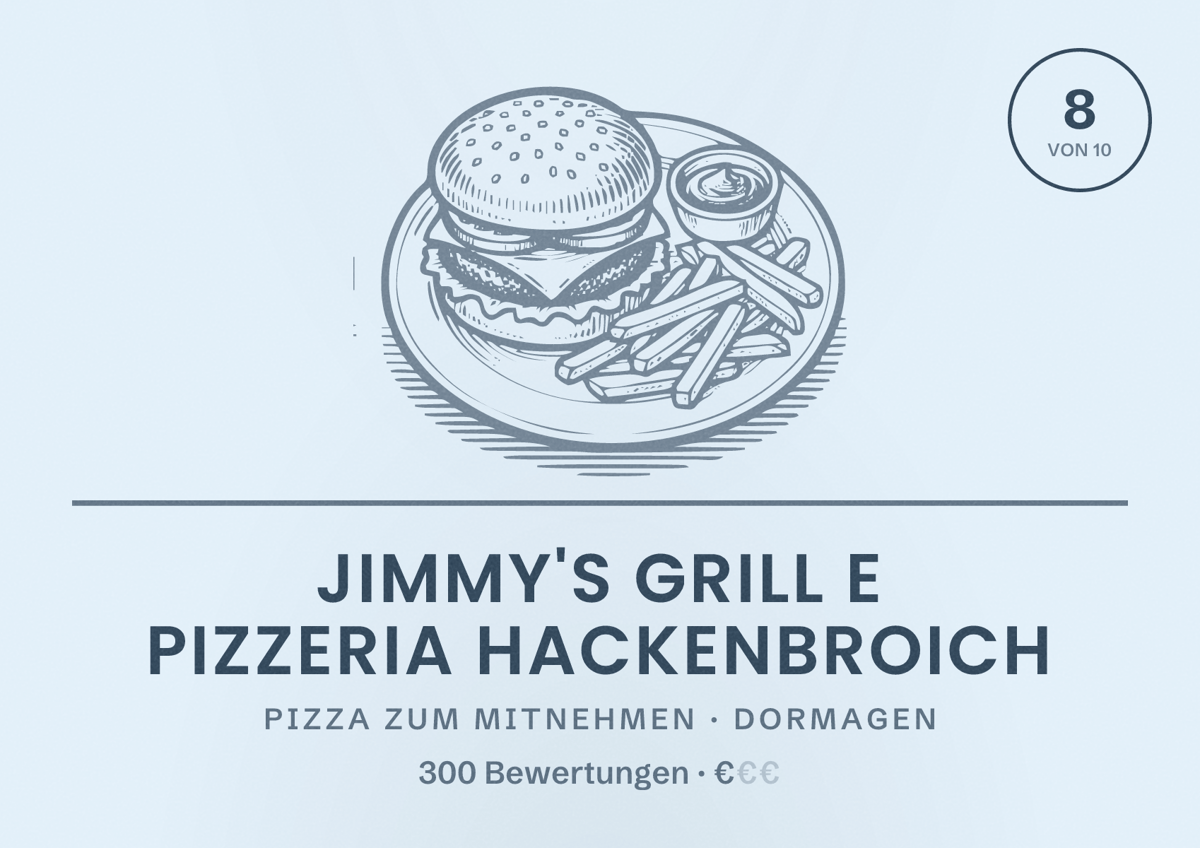 Illustriertes Poster von Jimmy's Grill e Pizzeria Hackenbroich, Pizza zum Mitnehmen in Dormagen: Bewertung 8 von 10 aus 300 Bewertungen, Preisniveau €