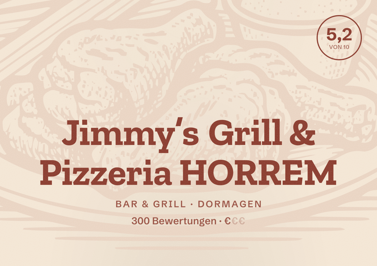 Illustriertes Poster von Jimmy’s Grill & Pizzeria HORREM, Bar & Grill in Dormagen: Bewertung 5,2 von 10 aus 300 Bewertungen, Preisniveau €