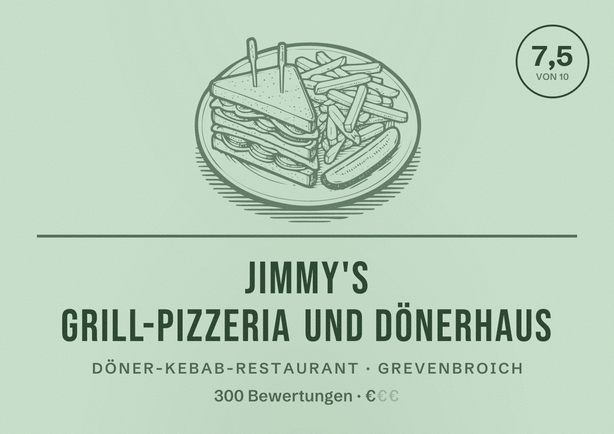 Illustriertes Poster von Jimmy's Grill-Pizzeria und Dönerhaus, Döner-Kebab-Restaurant in Grevenbroich: Bewertung 7,5 von 10 aus 300 Bewertungen, Preisniveau €