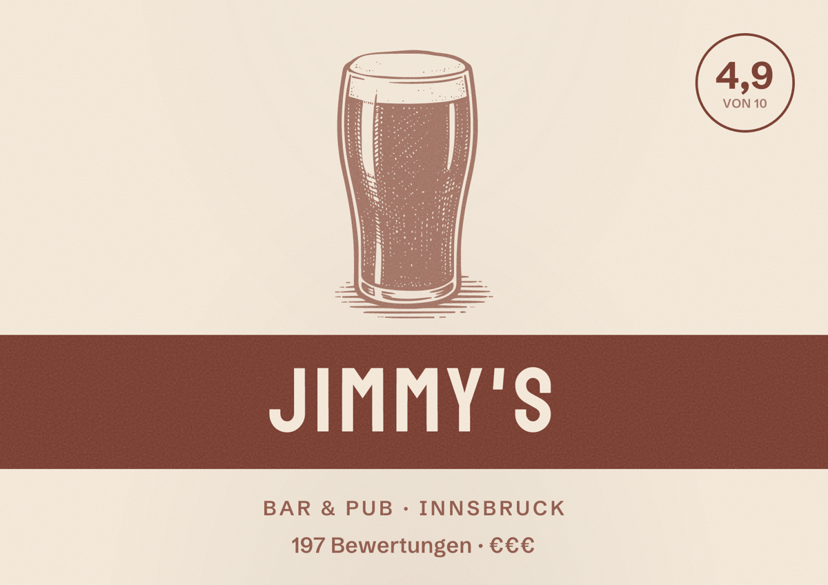 Illustriertes Poster von Jimmy's, Bar & Pub in Innsbruck: Bewertung 4,9 von 10 aus 197 Bewertungen, Preisniveau €€€