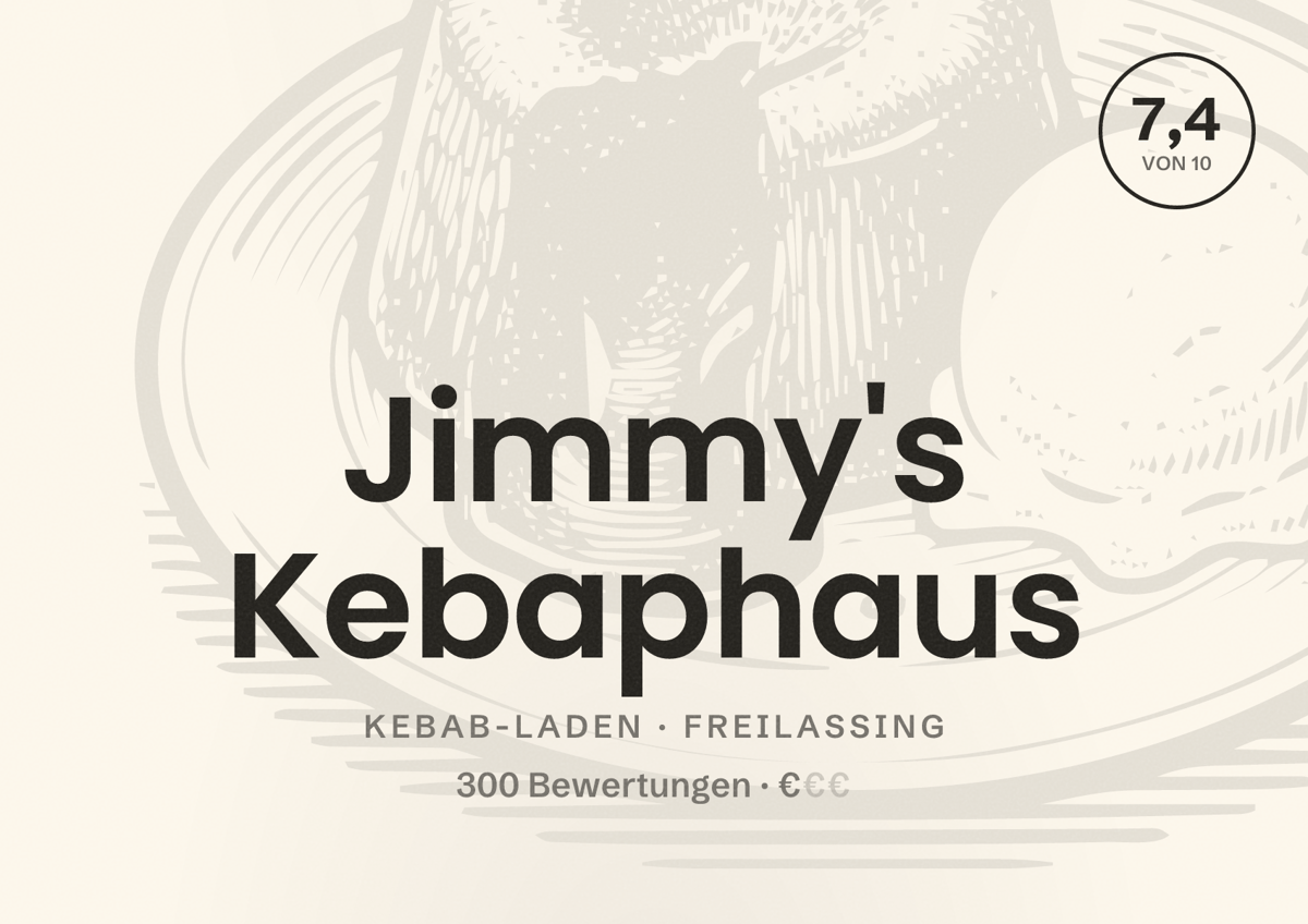 Illustriertes Poster von Jimmy's Kebaphaus, Kebab-Laden in Freilassing: Bewertung 7,4 von 10 aus 300 Bewertungen, Preisniveau €
