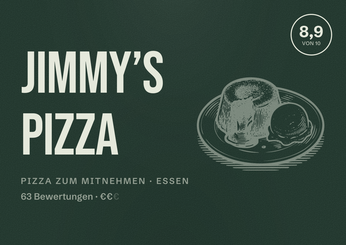 Illustriertes Poster von Jimmy’s Pizza, Pizza zum Mitnehmen in Essen: Bewertung 8,9 von 10 aus 63 Bewertungen, Preisniveau €€