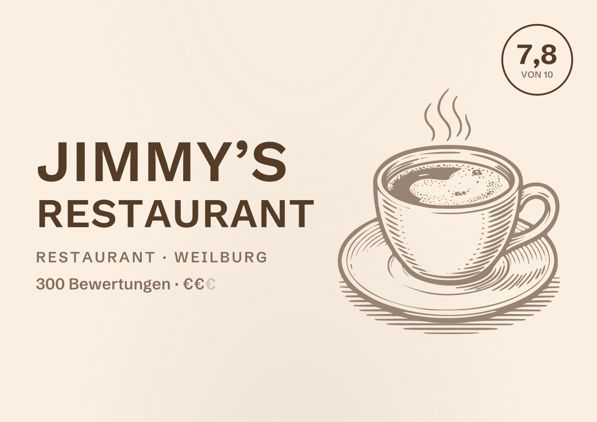 Illustriertes Poster von Jimmy’s Restaurant, Restaurant in Weilburg: Bewertung 7,8 von 10 aus 300 Bewertungen, Preisniveau €€