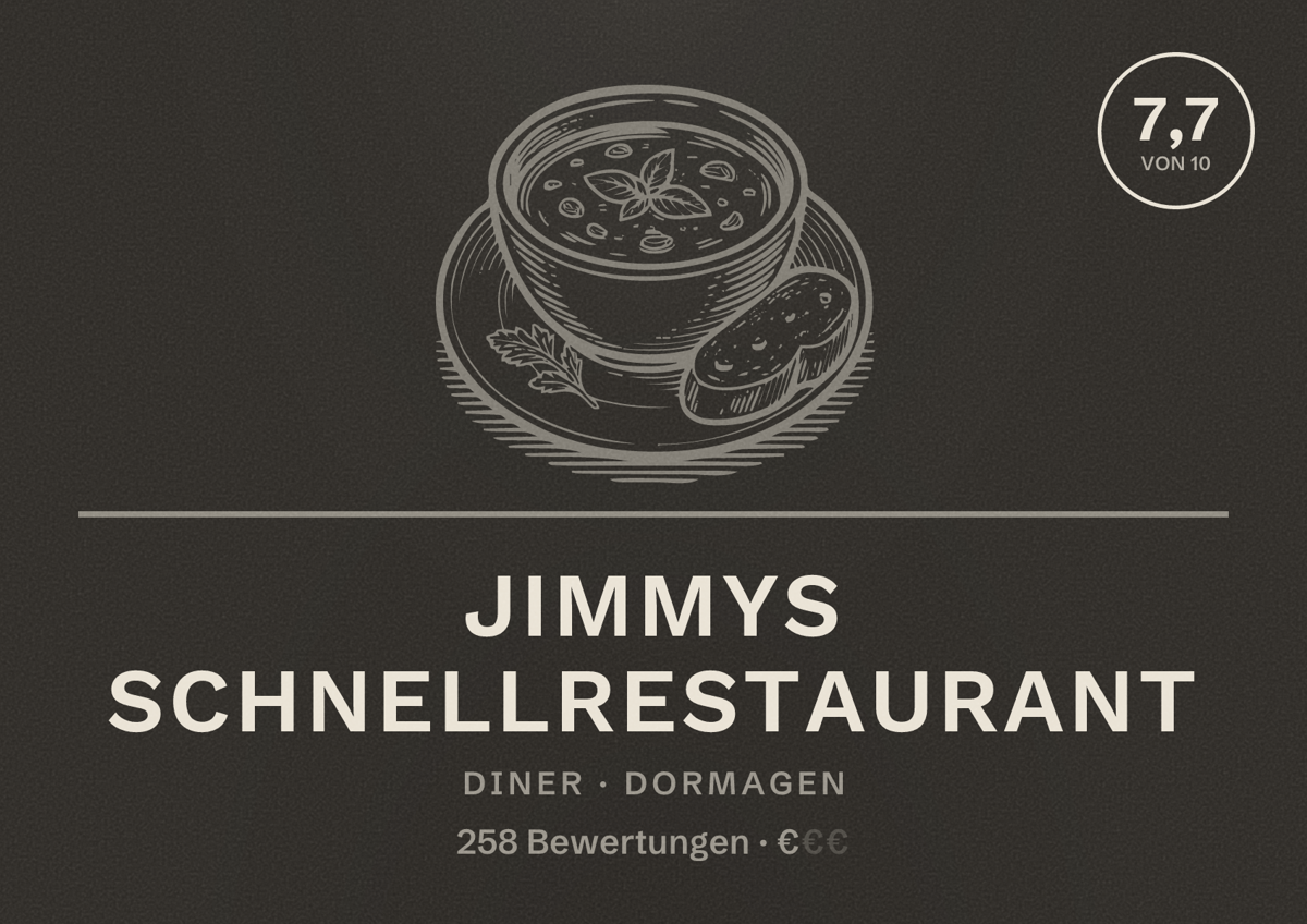 Illustriertes Poster von Jimmys Schnellrestaurant, Diner in Dormagen: Bewertung 7,7 von 10 aus 258 Bewertungen, Preisniveau €