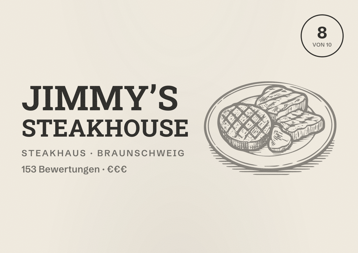 Illustriertes Poster von Jimmy’s Steakhouse, Steakhaus in Braunschweig: Bewertung 8 von 10 aus 153 Bewertungen, Preisniveau €€€