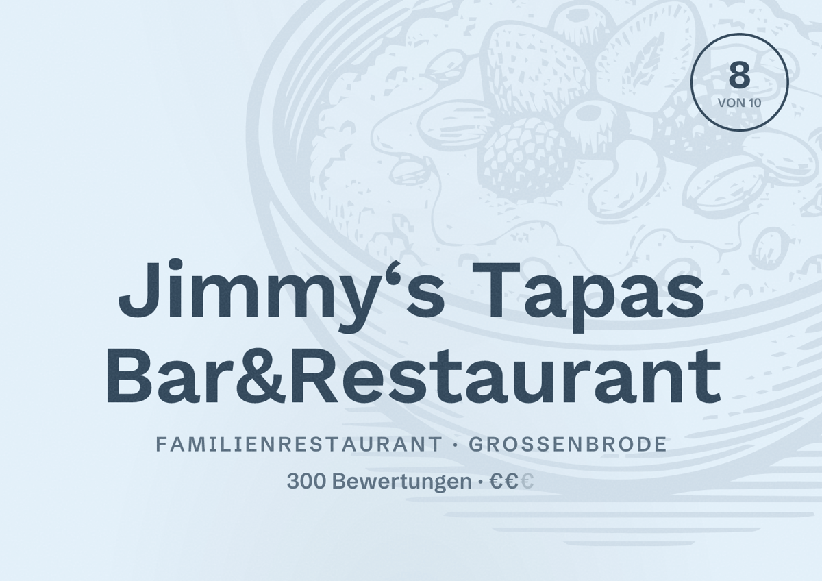 Illustriertes Poster von Jimmy‘s Tapas Bar&Restaurant, Familienrestaurant in Großenbrode: Bewertung 8 von 10 aus 300 Bewertungen, Preisniveau €€