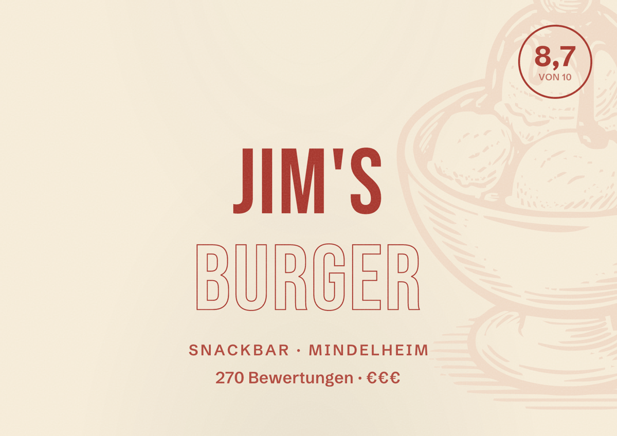 Illustriertes Poster von Jim's Burger, Snackbar in Mindelheim: Bewertung 8,7 von 10 aus 270 Bewertungen, Preisniveau €€€