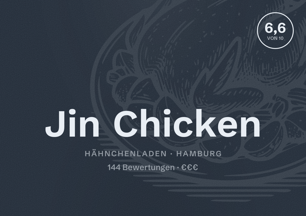 Illustriertes Poster von Jin Chicken, Hähnchenladen in Hamburg: Bewertung 6,6 von 10 aus 144 Bewertungen, Preisniveau €€€