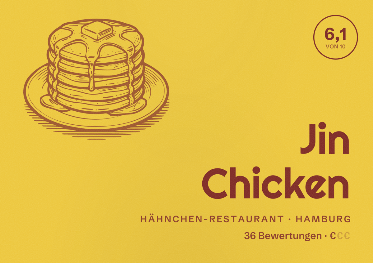 Illustriertes Poster von Jin Chicken, Hähnchen-Restaurant in Hamburg: Bewertung 6,1 von 10 aus 36 Bewertungen, Preisniveau €