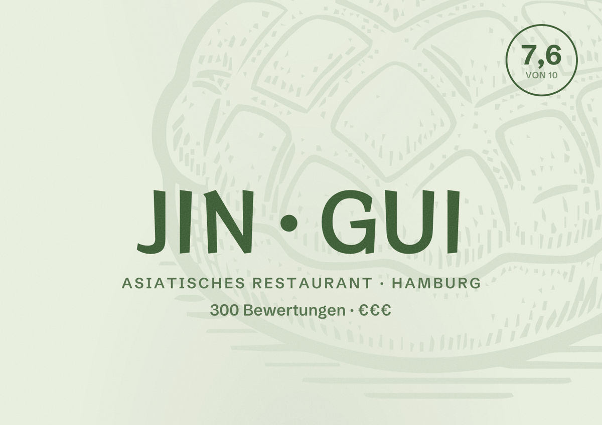 Illustriertes Poster von JIN GUI, Asiatisches Restaurant in Hamburg: Bewertung 7,6 von 10 aus 300 Bewertungen, Preisniveau €€€