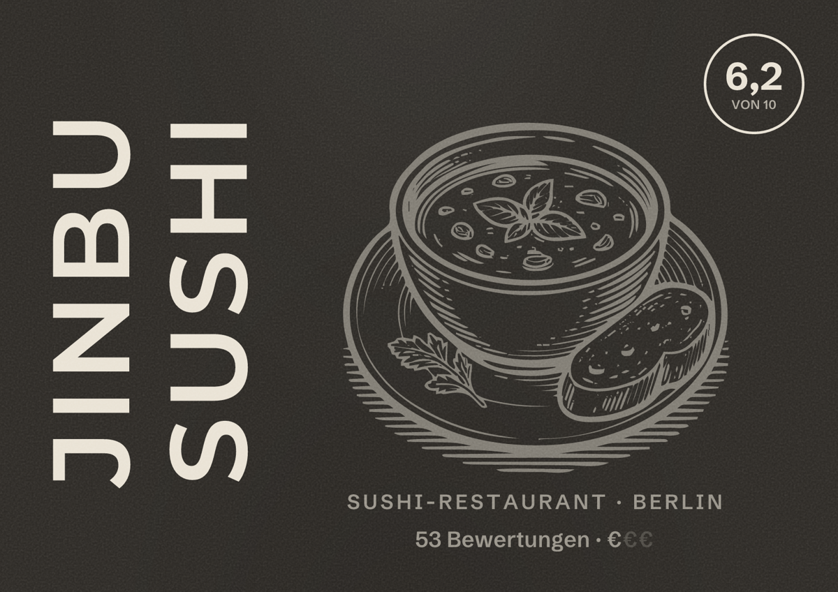 Illustriertes Poster von Jinbu Sushi, Sushi-Restaurant in Berlin: Bewertung 6,2 von 10 aus 53 Bewertungen, Preisniveau €