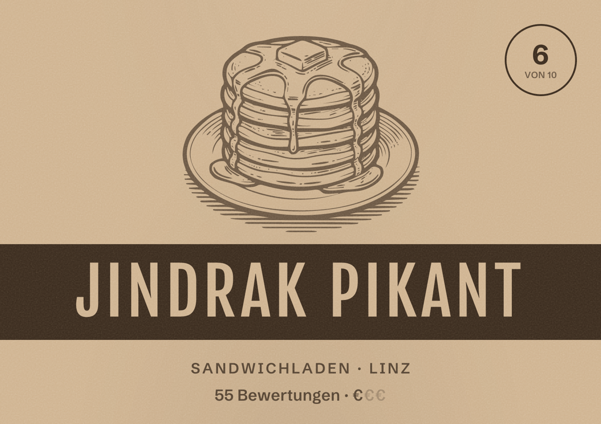Illustriertes Poster von Jindrak Pikant, Sandwichladen in Linz: Bewertung 6 von 10 aus 55 Bewertungen, Preisniveau €
