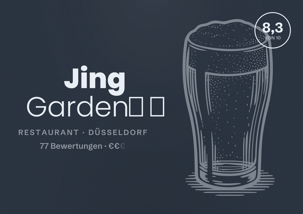Illustriertes Poster von Jing Garden（ ）, Restaurant in Düsseldorf: Bewertung 8,3 von 10 aus 77 Bewertungen, Preisniveau €€